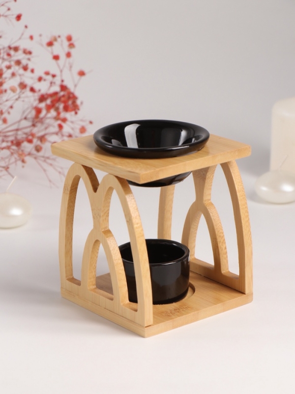 Аромалампа бамбук, керамика с подставкой под свечу Аромалампа бамбук, керамика с подставкой под свечу "Узоры" чёрная 9,5х9,5х13,5 см