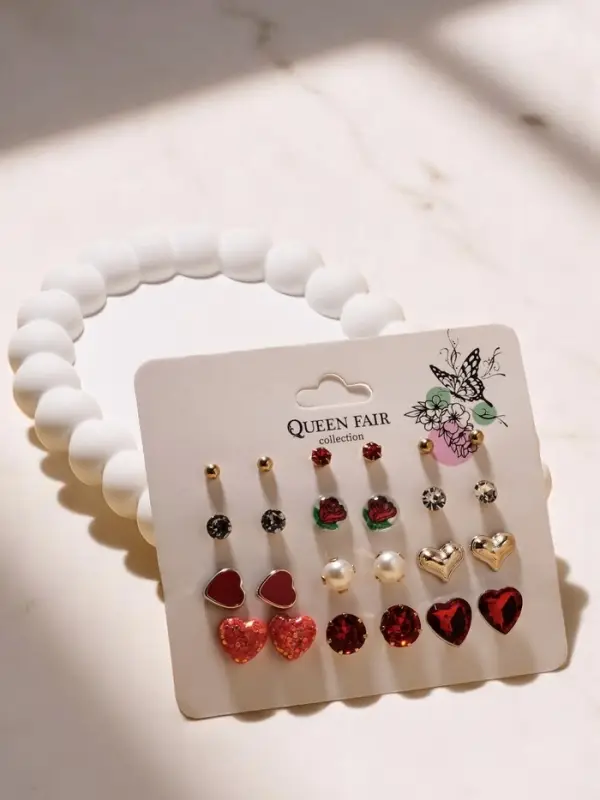 Серьги пусеты QF &laquo;Романтика&raquo;, 12 пар, сердечки, цветные в золоте