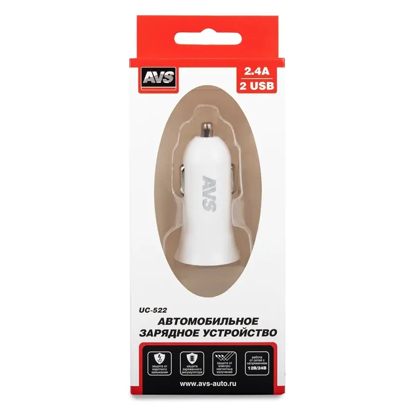 Автомобильное ЗУ AVS UC-522, 2 USB, 2.4 А, 12 Вт, белый (A07981S)