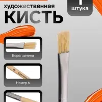 Кисть для рисования, щетина, № 6, плоская, деревянная ручка, международный размер