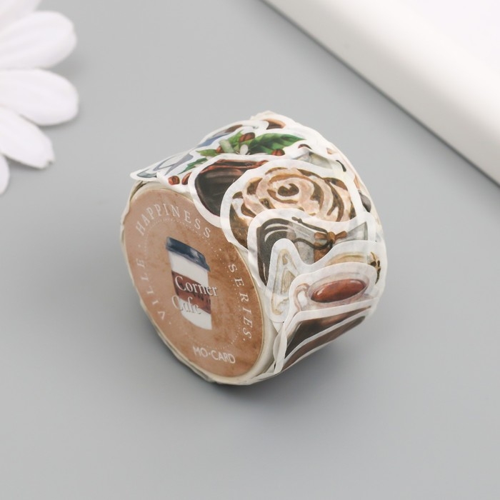 Наклейка бумага Наклейка бумага "Кофейные сладости и напитки" 1,2 - 2,5 см 100 шт в рулоне 11х8 см