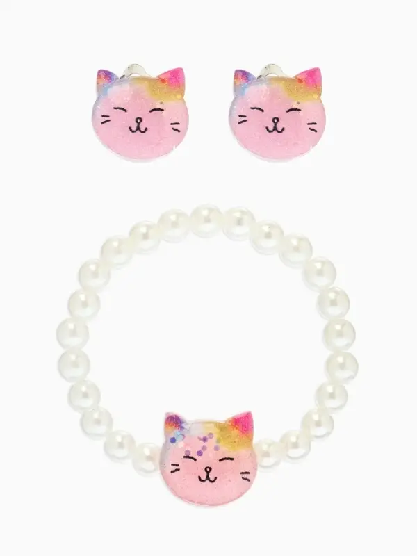 Набор детский &laquo;Выбражулька&raquo;, 2 предмета: клипсы, браслет, котик, белы-розовый