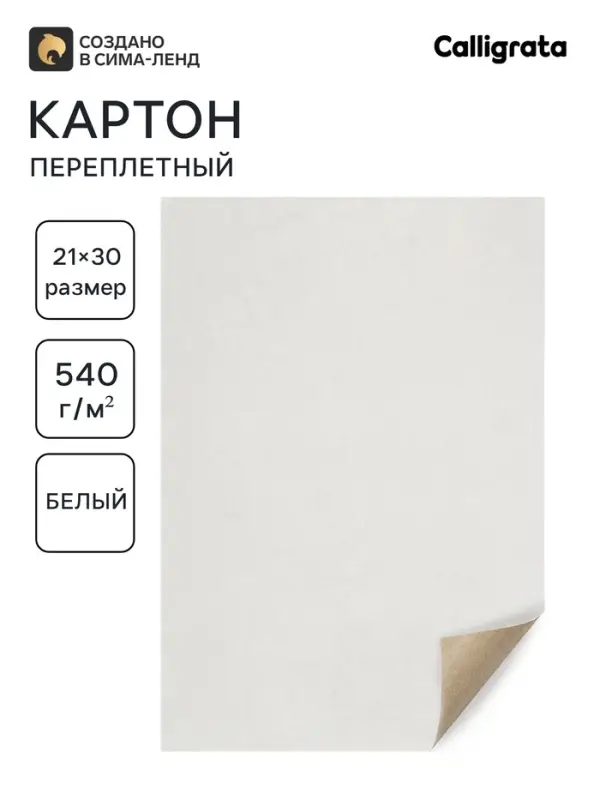 Картон переплётный 0.9 мм, 21&times;30, 50 листов, 540 г/м&sup2;, белый
