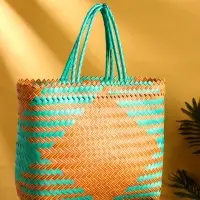 Сумка плетёная, 30×15×35 см, пластик, бирюзовый-жёлтая Сумка плетёная, 30×15×35 см, пластик, бирюзовый-жёлтая