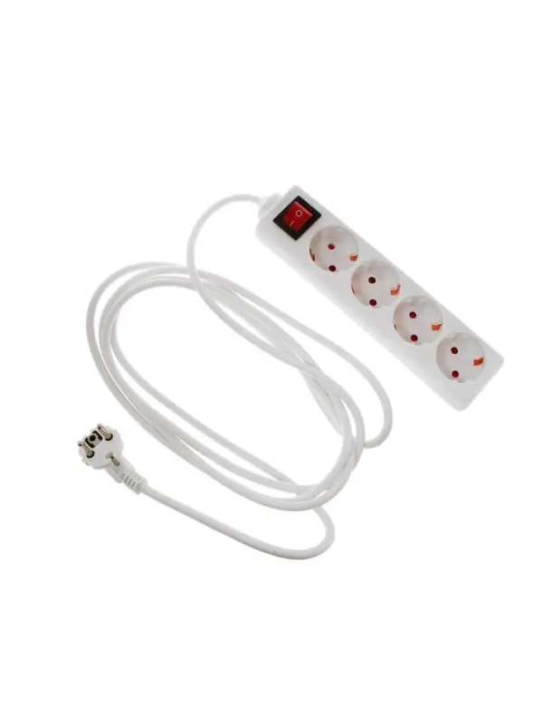 Удлинитель Luazon Lighting, 4 розетки, 3 м, 10 А, 2200 Вт, 3&times;0.75 мм2, с заземлением, с выключателем,