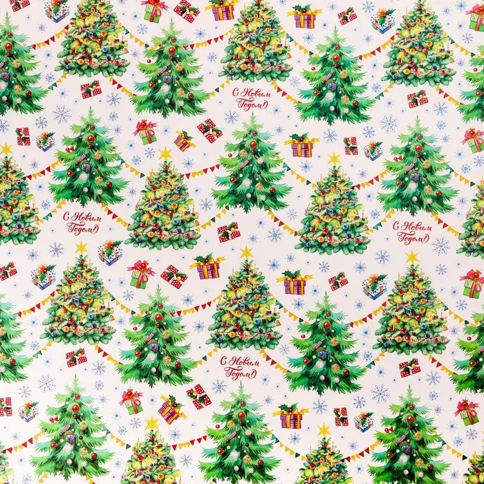 Упаковочная бумага на новый год «Хоровод ёлок», 70 х 100 см, глянцевая