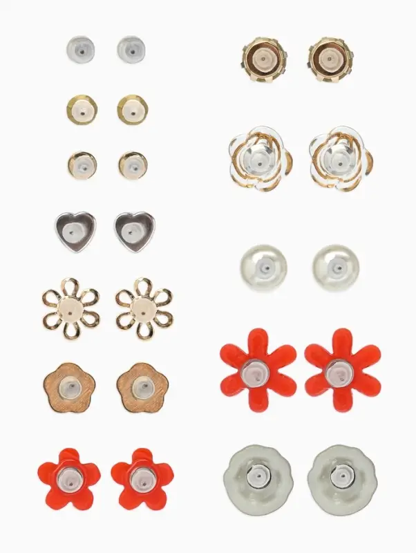 Серьги пусеты One year, 12 пар, цветочное ассорти, бело-розовые в золоте