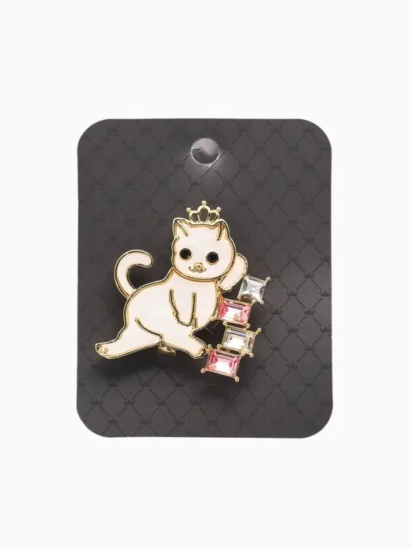 Брошь  Брошь "Кошечка" в короне, бело-розовая в золоте