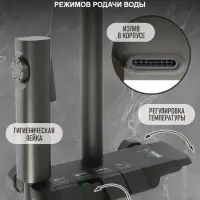 Душевая система ZEIN Z3683, верхняя и ручная лейка, ПВХ шланг, гигиенический набор, графит