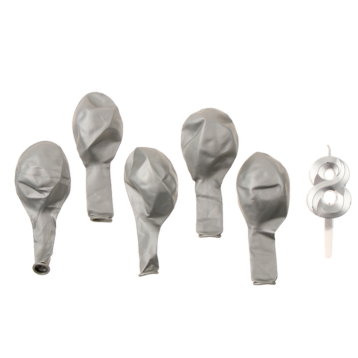 Свечи для торта + 5 шаров, цифра 8, серебро Свечи для торта + 5 шаров, цифра 8, серебро