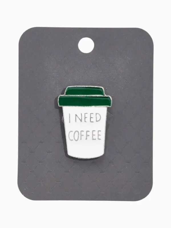 Значок &laquo;Мне нужен кофе&raquo;, бело-зелёный в серебре