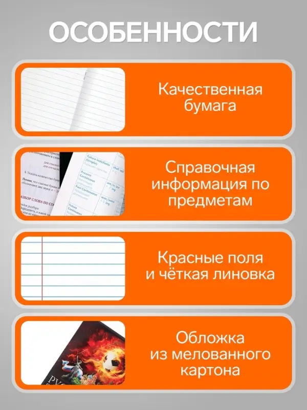 Предметная тетрадь по русскому языку Calligrata &laquo;Футбол&raquo;, 48 листов, в клетку, со справочным материалом, обложка из мелованного картона