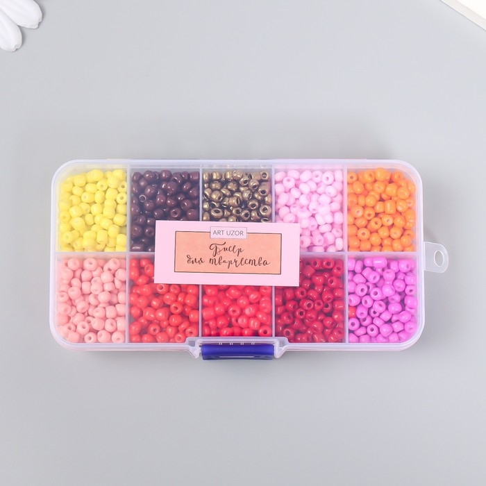 Бисер стекло 6/0 в шкатулке 10 делений  Бисер стекло 6/0 в шкатулке 10 делений "Красно-розовый" 1 деление=10 гр 12,8х6,5х2,2 см