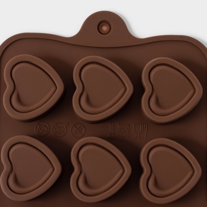 Форма для конфет и шоколада Доляна «Сердце», силикон, 21×10×1,5 см, 15 ячеек (2,9×2,7 см), цвет коричневый Форма для конфет и шоколада Доляна «Сердце», силикон, 21×10×1,5 см, 15 ячеек (2,9×2,7 см), цвет коричневый
