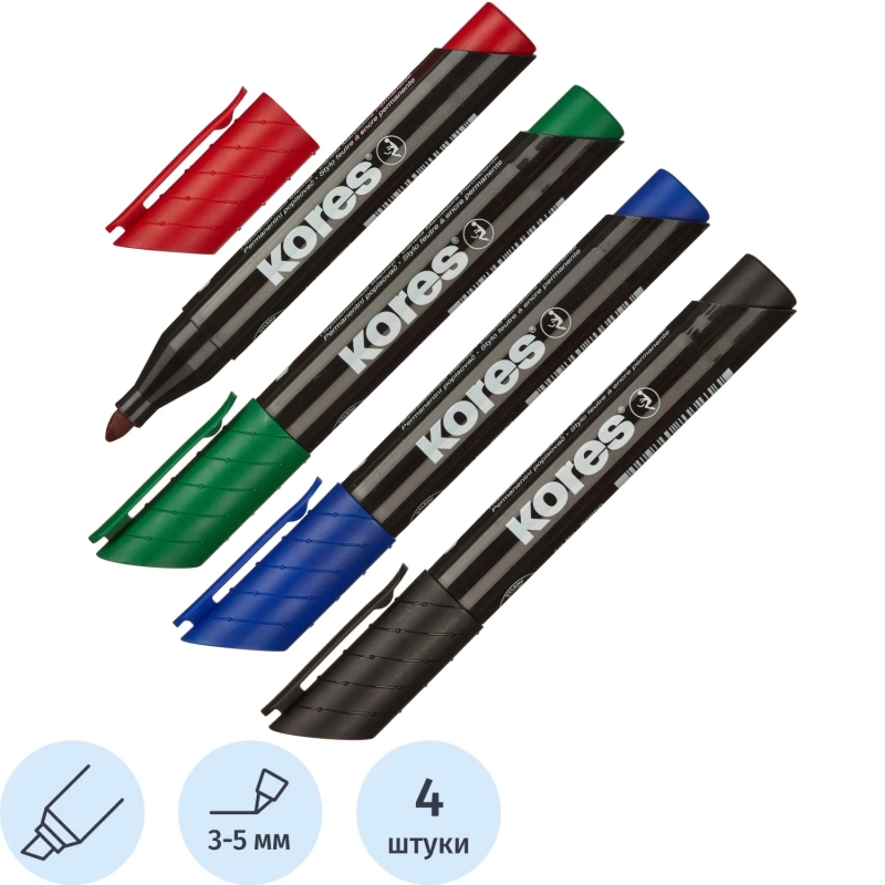Маркер перманентный KORES набор 4 цв. 3-5 мм скошенный наконечник 20945