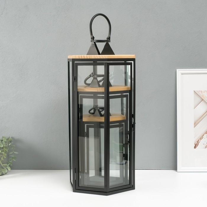 Подсвечник металл, дерево, фонарь Подсвечник металл, дерево, фонарь"Шесть граней" набор 3 шт 22,5х19,5х43,5; 18,5х16х31 см