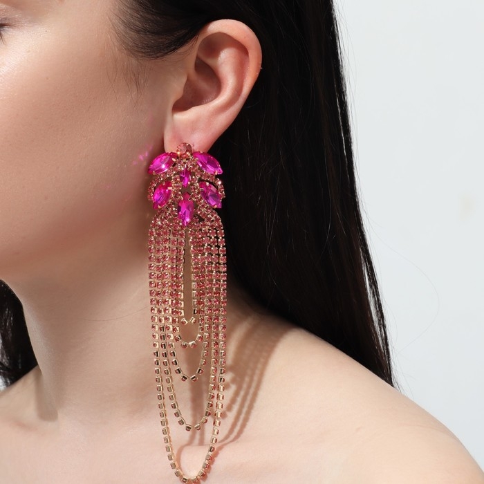 Серьги висячие со стразами «Мэджик» капли и водопад, цвет розовый в золоте, 14 см Серьги висячие со стразами «Мэджик» капли и водопад, цвет розовый в золоте, 14 см