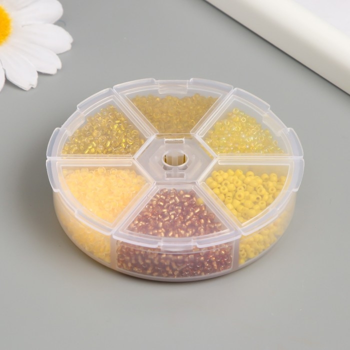 Бисер стекло 8/0 (3 мм) в шкатулке  Бисер стекло 8/0 (3 мм) в шкатулке "Жёлтый" 6 цветов х 10  гр 8х8х2 см