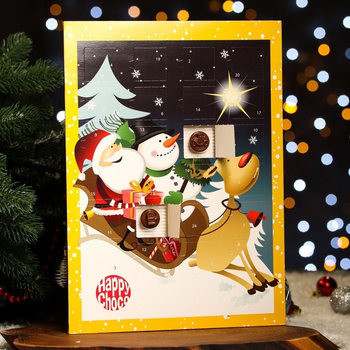 Новый год. Адвент-календарь с мини-плитками из молочного шоколада Новый год. Адвент-календарь с мини-плитками из молочного шоколада "Счастливый санта", МИКС, 50 г