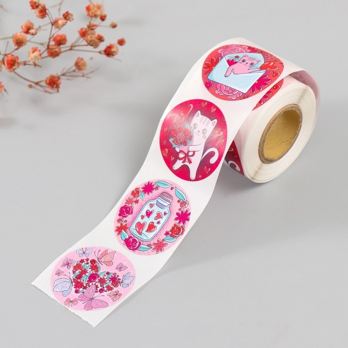 Наклейка бумага Наклейка бумага "Котики и любовь" d=3,8 см 252 шт в рулоне