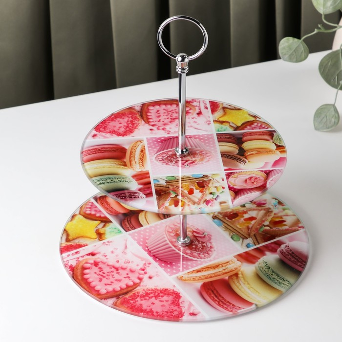 Этажёрка - фруктовница круглая Доляна «Сладости», 2 яруса, d=25/20 см, стекло, цвет розовый