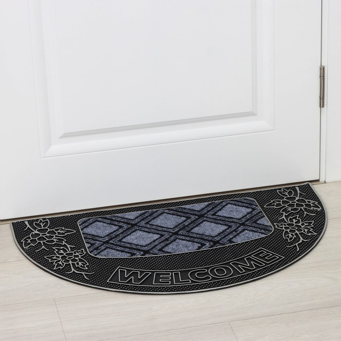 Коврик придверный полукруглый Доляна «Welcome цветы», 45×75 см, цвет серебряный Коврик придверный полукруглый Доляна «Welcome цветы», 45×75 см, цвет серебряный