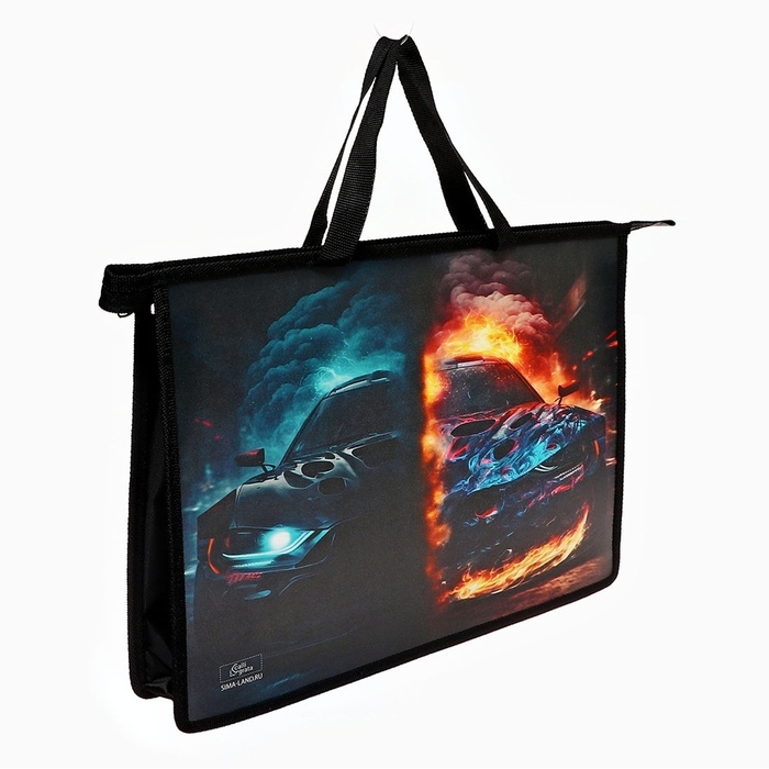 Папка с ручками А4, 335 х 235 х 55 мм, пластиковая, ручки-тесьма, Calligrata  Папка с ручками А4, 335 х 235 х 55 мм, пластиковая, ручки-тесьма, Calligrata "Тачка-огонь"