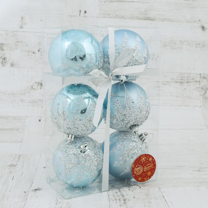 Набор шаров пластик d-8 см, 6 шт Набор шаров пластик d-8 см, 6 шт "Аделия" серебристо-голубой