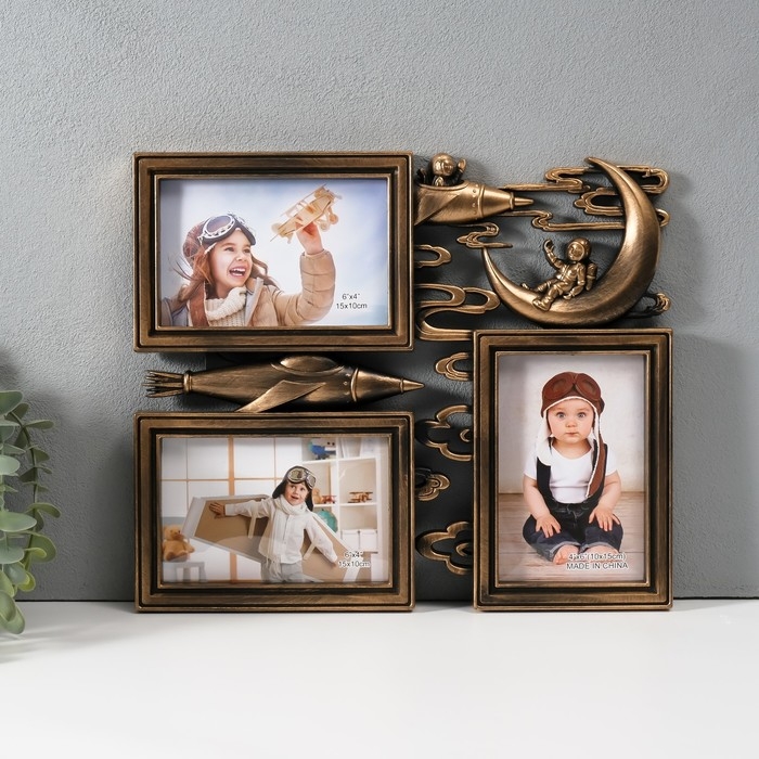 Фоторамка пластик на 3 фото 10х15 см  Фоторамка пластик на 3 фото 10х15 см "Космонавт на луне" тёмное золото 1,5х32,8х28 см