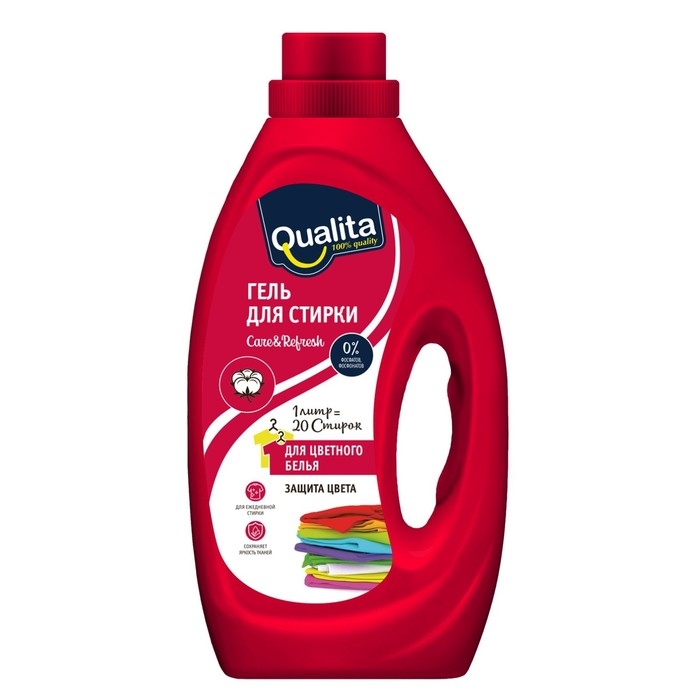 Жидкое средство для стирки Qualita, гель, для цветных тканей, 1 л Жидкое средство для стирки Qualita, гель, для цветных тканей, 1 л