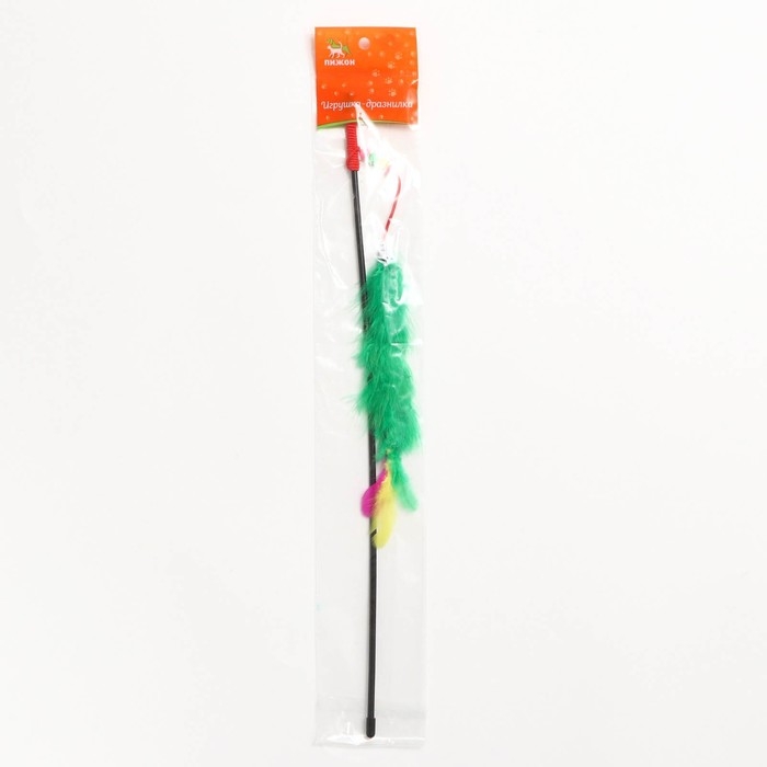 Дразнилка-удочка с перьями, пуховым хвостиком и бусинами, зелёная Дразнилка-удочка с перьями, пуховым хвостиком и бусинами, зелёная