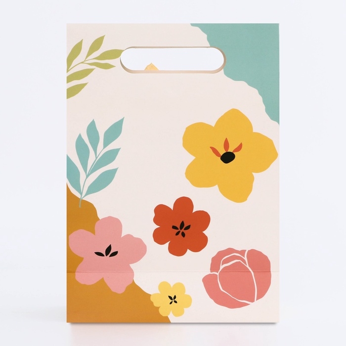 Подарочная коробка-пакет, упаковка с вырубной ручкой, Подарочная коробка-пакет, упаковка с вырубной ручкой, "Цветочки" , 19 х 9 х 27 см