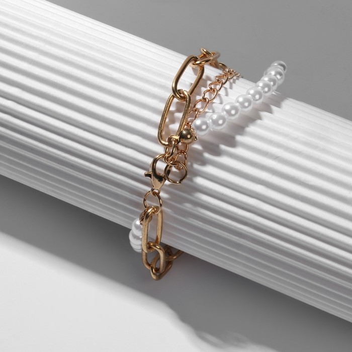 Браслет жемчуг «Замок» шар №8, цвет бело-серый в золоте, L=16 см Браслет жемчуг «Замок» шар №8, цвет бело-серый в золоте, L=16 см