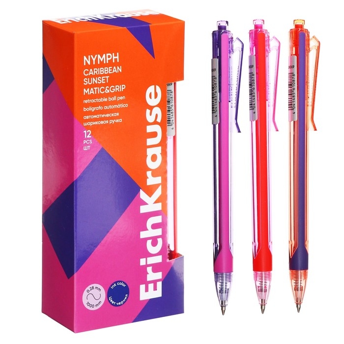 Ручка шариковая автоматическая ErichKrause Nymph Matic Carribean Sunset, узел 0.7 мм, чернила синие, длина линии письма 1000 метров Ручка шариковая автоматическая ErichKrause Nymph Matic Carribean Sunset, узел 0.7 мм, чернила синие, длина линии письма 1000 метров