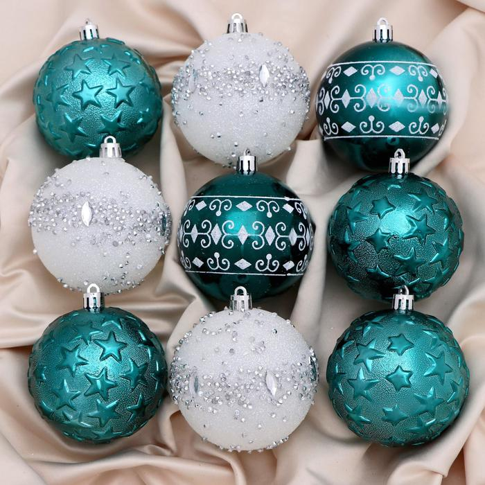 Набор шаров пластик d-8 см, 9 шт Набор шаров пластик d-8 см, 9 шт "Джейн узоры звёзды" изумрудно-белый