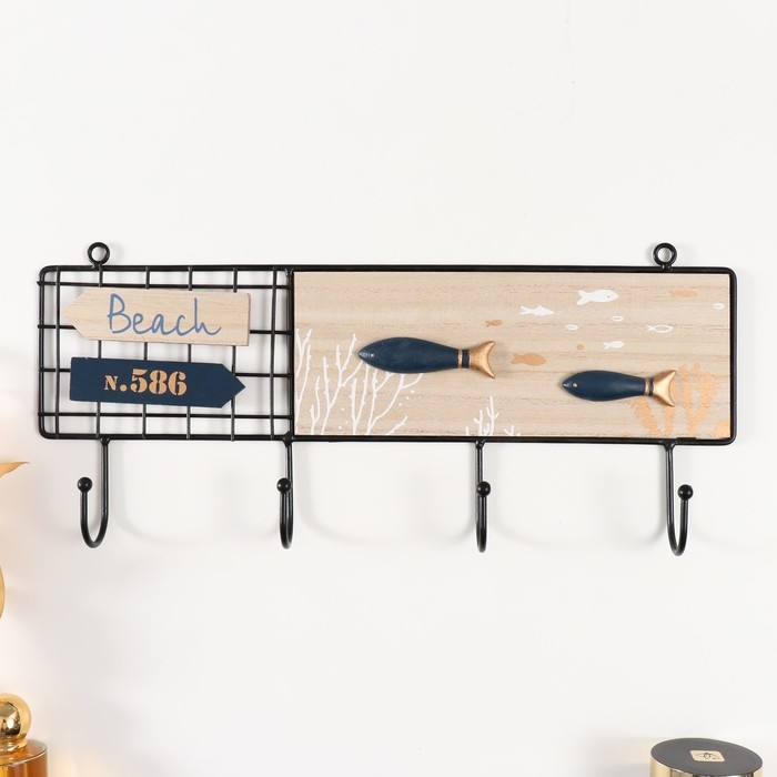 Крючки декоративные дерево, металл Крючки декоративные дерево, металл "Синие рыбки" 40,2х4х17,7 см