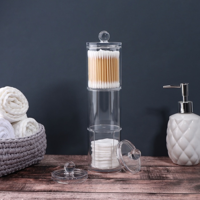 Органайзер для ватных палочек и дисков, с крышкой, 3 секции, 29 &times; 7 &times; 7см, в картонной коробке, цвет прозрачный