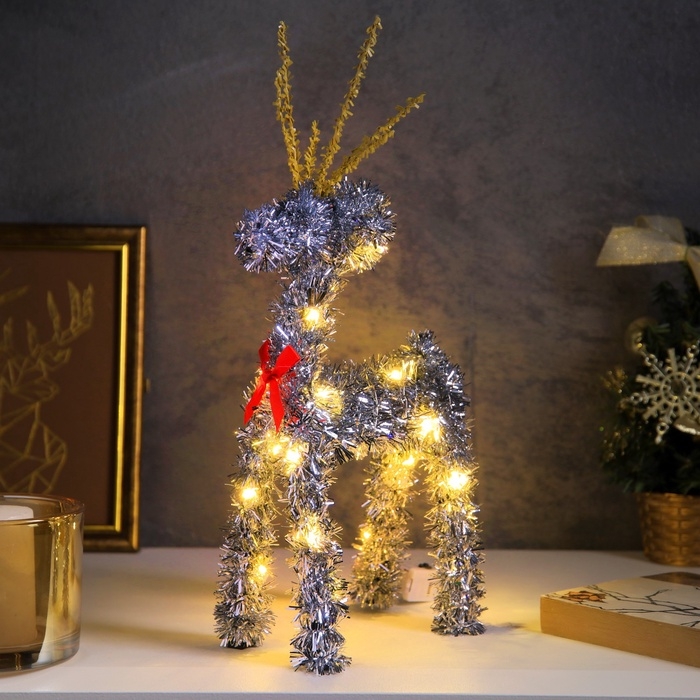 Фигура из мишуры  Фигура из мишуры "Олень серебристый" 34х16 см, 20 LED, AG10х3 (в компл), Т/БЕЛЫЙ
