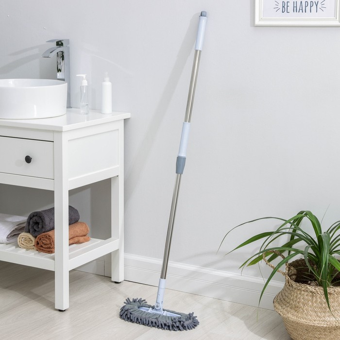 Швабра для мытья пола плоская гибкая Доляна, насадка из микрофибры букли 29×13 см, телескопическая стальная ручка 82(125) см, цвет серый Швабра для мытья пола плоская гибкая Доляна, насадка из микрофибры букли 29×13 см, телескопическая стальная ручка 82(125) см, цвет серый