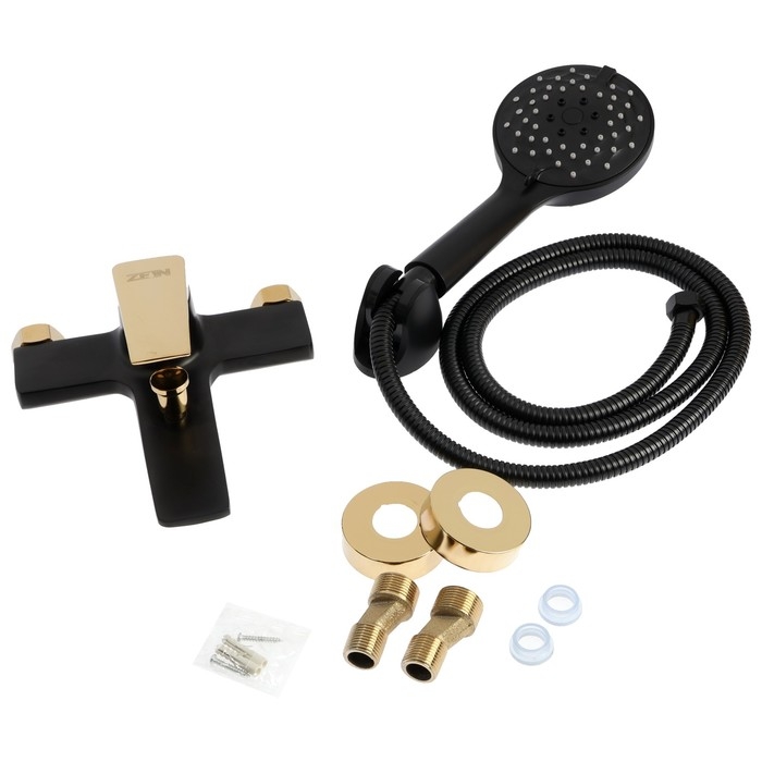 Смеситель для ванны ZEIN Z3890, однорычажный, лейка 5 режимов, шланг, держатель, черный/gold   99322 Смеситель для ванны ZEIN Z3890, однорычажный, лейка 5 режимов, шланг, держатель, черный/gold   99322