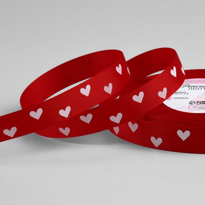 Лента репсовая «Сердечки», 15 мм, 23 ± 1 м, цвет красный/белый №026 Лента репсовая «Сердечки», 15 мм, 23 ± 1 м, цвет красный/белый №026