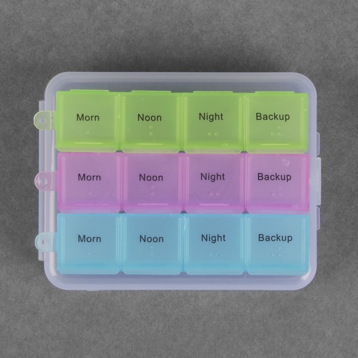Таблетница - органайзер, английские буквы, утро/день/вечер/ночь, 3 контейнера по 4 секции, цвет МИКС Таблетница - органайзер, английские буквы, утро/день/вечер/ночь, 3 контейнера по 4 секции, цвет МИКС