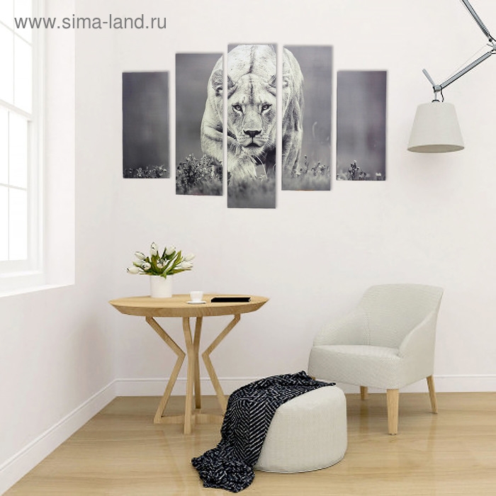 Модульная картина "Взгляд львицы" (2-23х52; 2-24х70; 1-24х80) 120х80см