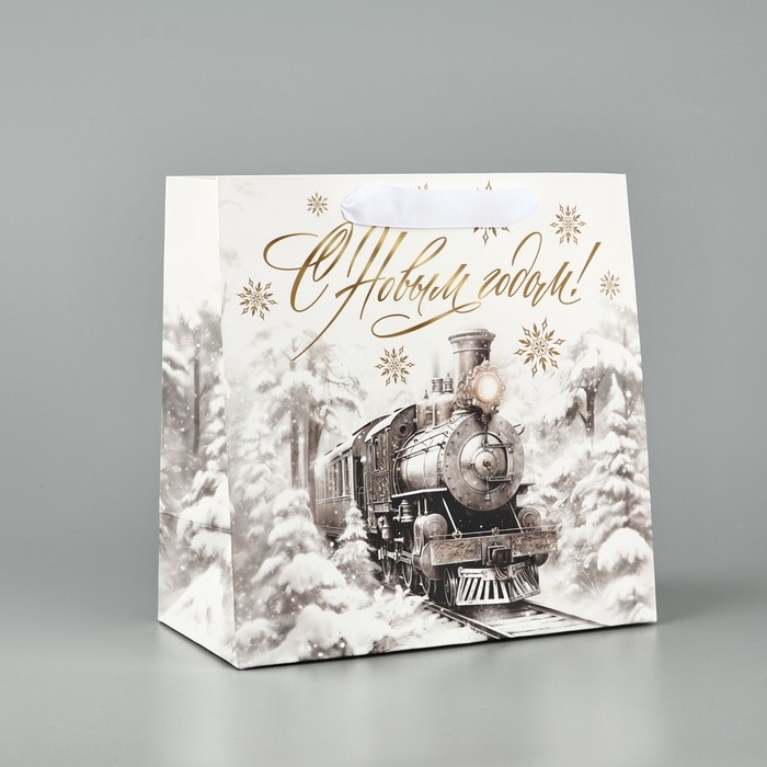 Пакет подарочный новогодний ламинированный квадратный «Новогодний поезд», 22 х 22 х 11 см , Новый год Пакет подарочный новогодний ламинированный квадратный «Новогодний поезд», 22 х 22 х 11 см , Новый год