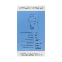 Лампа светодиодная Smartbuy, E27, A60, 20 Вт, 6000 К, холодный белый свет