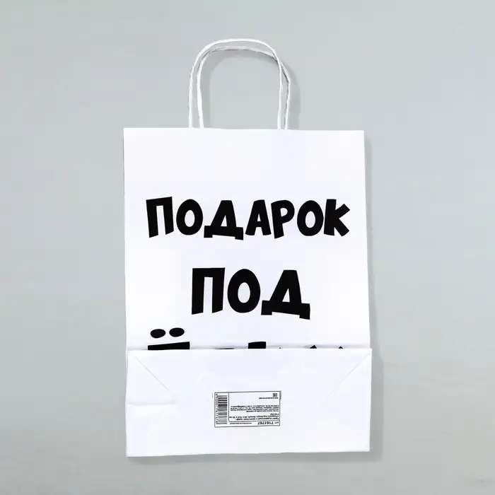 Пакет бумажный подарочный новогодний крафт с приколами, «Подарок под ёлку», белый, 24×14×28 см