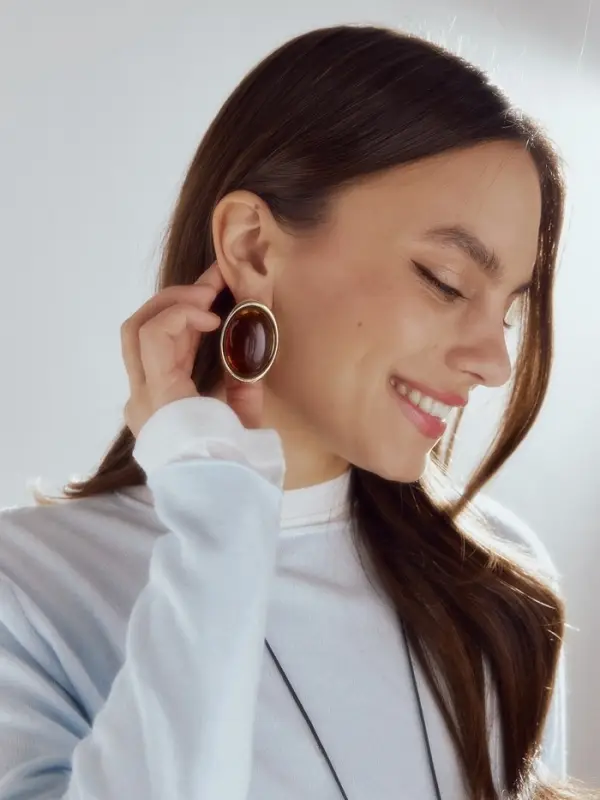 Серьги большие &laquo;Стиль. Овал&raquo;, акрил, янтарные в золоте