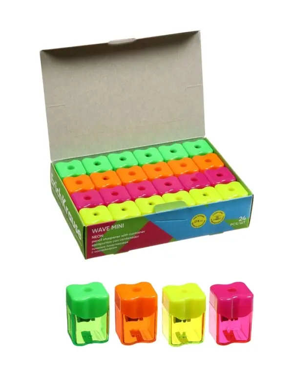 Точилка ErichKrause Wave Mini Neon, с контейнером, МИКС