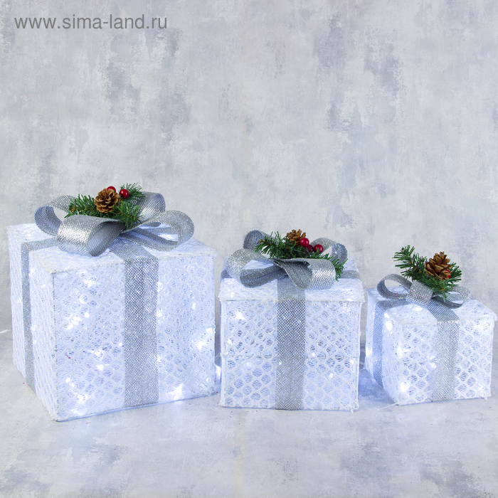 Светодиодная фигура «Подарки с серой лентой» 15, 20, 25 см, текстиль, металл, 220 В, свечение белое Светодиодная фигура «Подарки с серой лентой» 15, 20, 25 см, текстиль, металл, 220 В, свечение белое