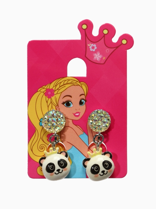 Серьги-клипсы детские  Серьги-клипсы детские "Выбражулька" панда с короной с кругом кристалл, цветные